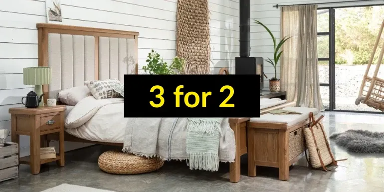 Buy any 3 pieces from the same range of Bedroom Furniture and get the lowest priced item free!

Simply add the 3 pieces of your choice from the Bedroom furniture collection to your basket and the lowest priced item will be discounted in your basket. 
