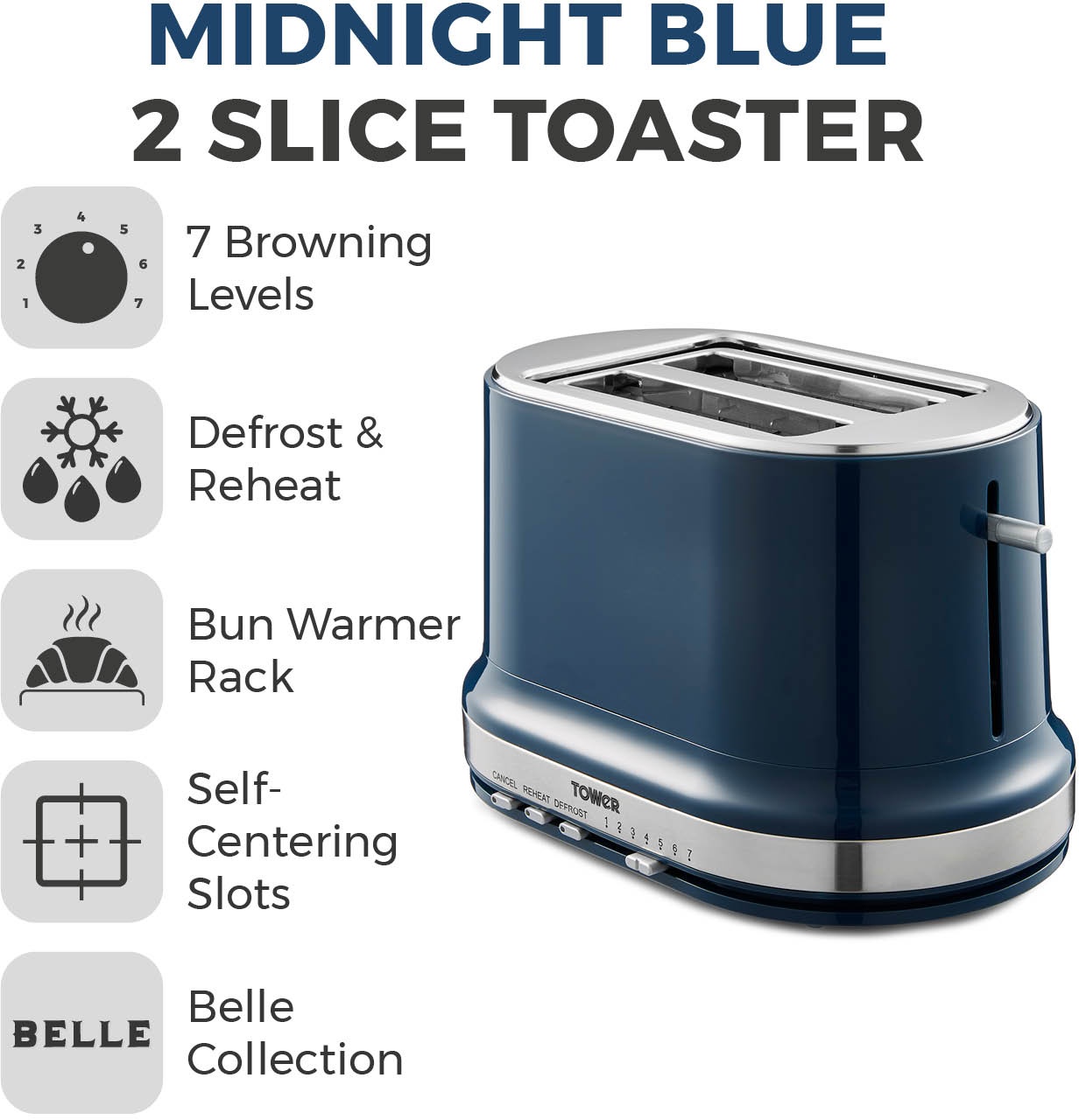 Tower T20043MNB Belle 2 Slice Toaster Midnight Blue Downtown