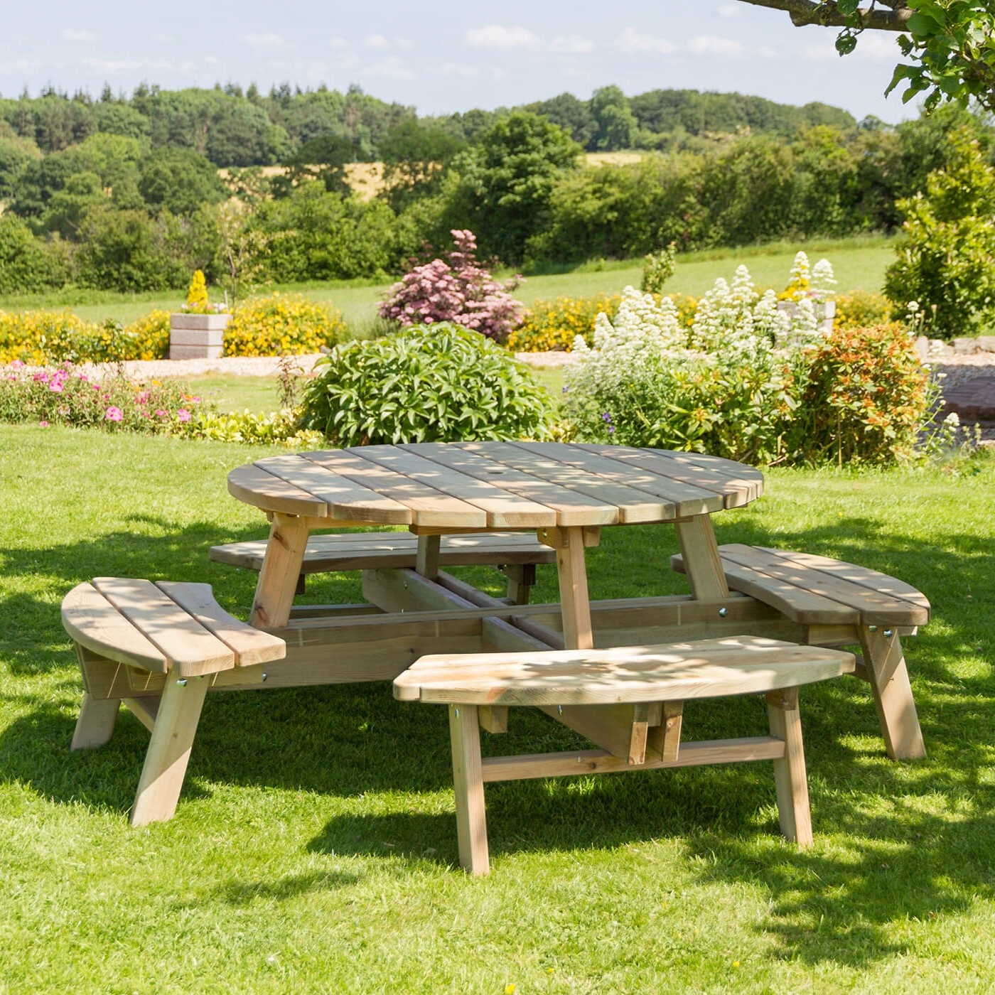 Zest Garden Rose Wooden Round 8 Seater Picnic Table | Downtown