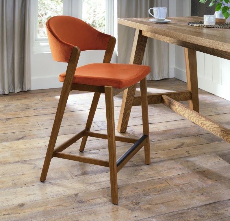 Brandon Rustic Oak Upholstered Bar Stool - Rust Velvet | Downtown