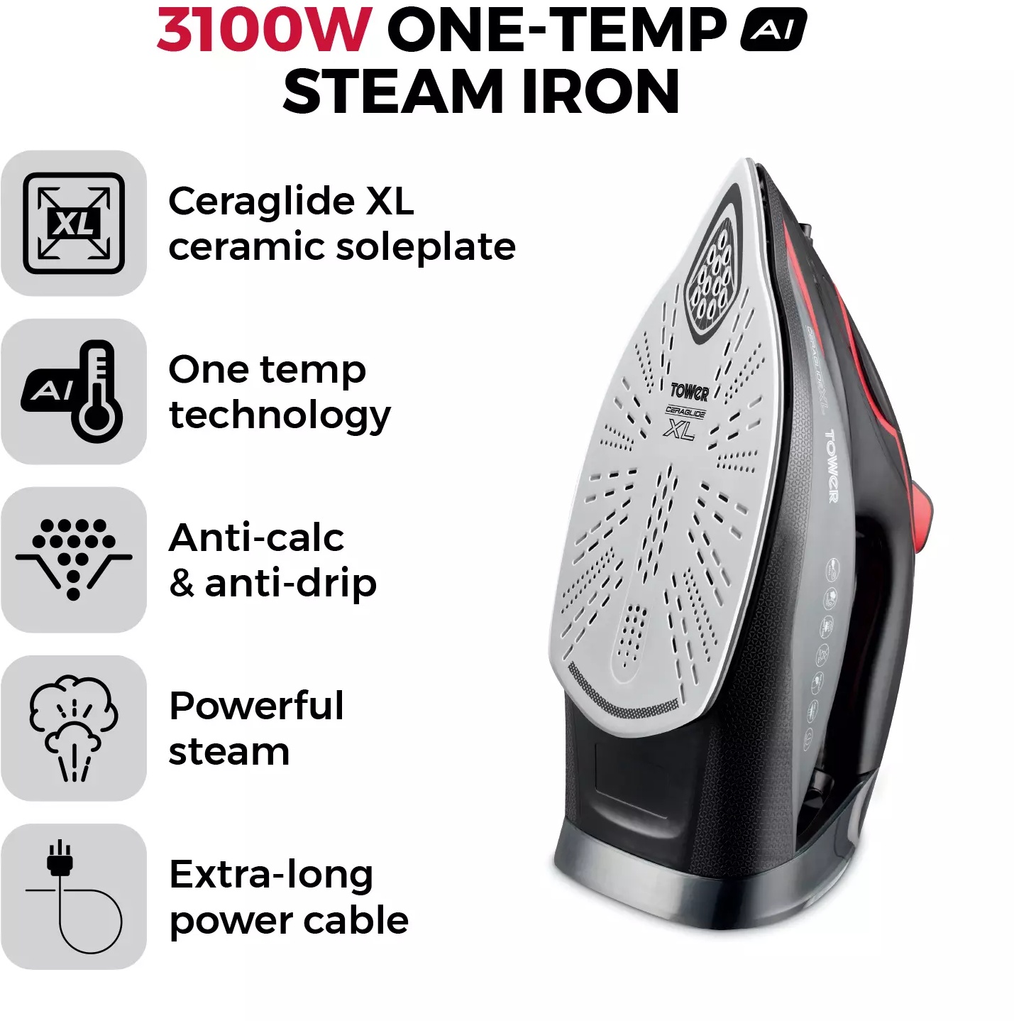 Tower T22034RED One Temp Steam Iron - Red | Downtown