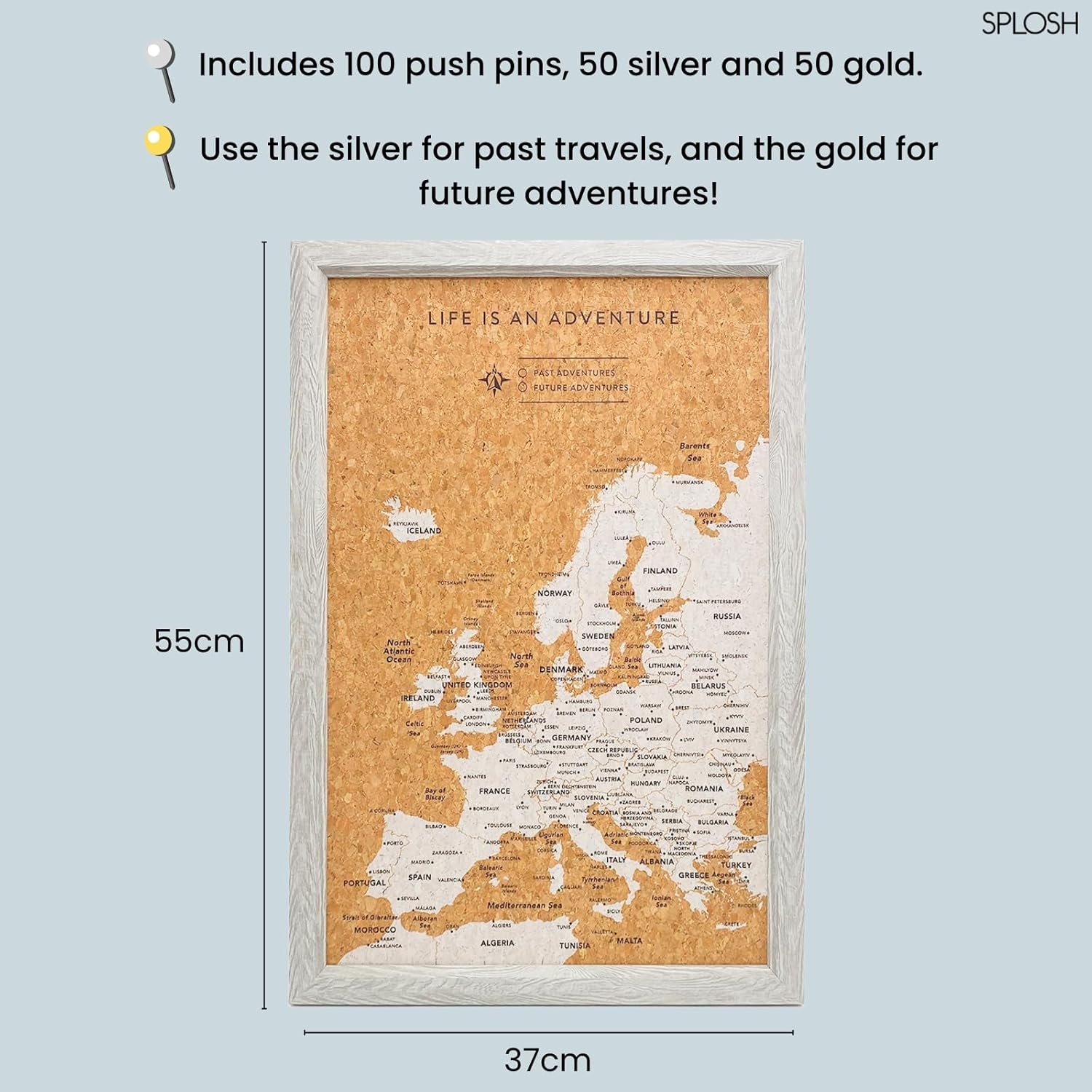 European Small Map Splosh Small Travel Map Europe Pin Board - Grey | Downtown