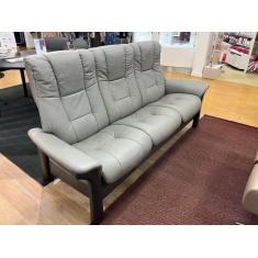 Stressless Windsor High Back 3 Seater Sofa in Silver Grey Leather with Grey Stain Wood