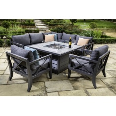 Hartman Sorrento Square Casual Dining Set With Gas Fire Pit And Lounge Chairs