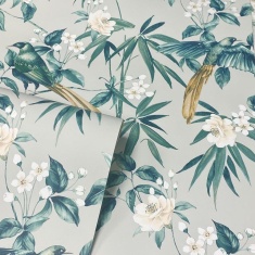 Arthouse Oriental Floral Birds Grey Blue Wallpaper