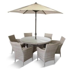 LG Outdoor Monaco Sand 6 Seat Dining Set with Weave Lazy Susan and Parasol