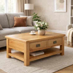 Ascot Rustic Oak Rectangular Large Coffee Table With Drawer & Shelf
