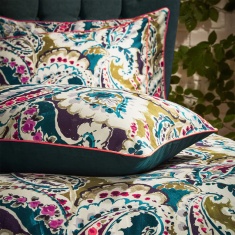 Aretha Paisley Printed Cotton Sateen Piped Teal/Olive Duvet Cover Set