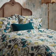 Morton Floral Printed Cotton Sateen Piped Teal Duvet Cover Set