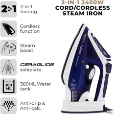 Tower T22008BLU CeraGlide Cord Cordless 2-in-1 Steam Iron - Blue