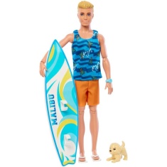 Ken Doll with Surfboard and Pet Puppy