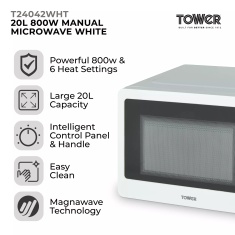 Tower T24042WHT 800W Manual Solo Microwave 20L - White Tower T24042WHT 800W Manual Solo Microwave 20L - White
