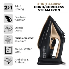 Tower T22008BKG Ceraglide 2400W Cord Cordless Steam Iron - Black & Gold