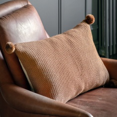 Moss Stitch PomPom Filled Cushion - Tan