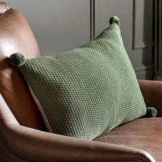 Moss Stitch PomPom Filled Cushion - Olive