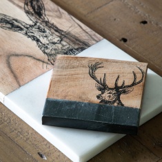 Stag Coasters Set of 4 - Wood & Black Marble