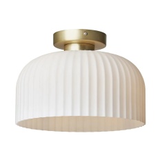 BHS Binita Glass Ribbed Flush Light - Opal & Brass
