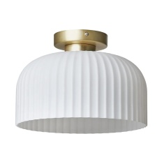 BHS Binita Glass Ribbed Flush Light - Opal & Brass