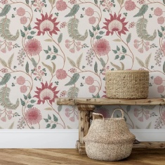 Esselle Home Fable Trail Wallpaper - Linen/Raspberry/Green