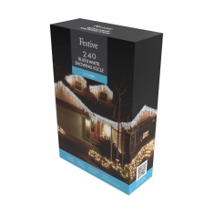 Festive 5.8m Indoor & Outdoor 240 Snowing Icicle LED Lights 4 Way - Blue & White