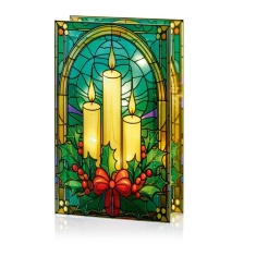 Premier Lit Candles & Holly Stained Glass - 21cm