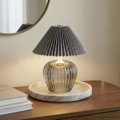 Candlelight Ridged Glass LED Table Lamp With Pleated Shade 19.5cm - Smokey Black