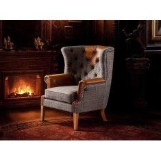 Yale Wing Armchair in Tweed with Tan Leather Trims