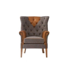 Yale Wing Armchair in Tweed with Tan Leather Trims