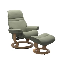 Stressless Sunrise (M) Chair & Stool Set in Paloma Shadow Green Leather with Oak Classic Base