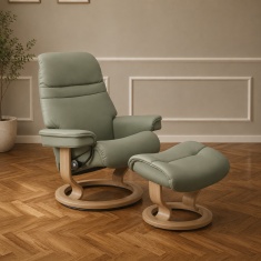 Stressless Sunrise (M) Chair & Stool Set in Paloma Shadow Green Leather with Oak Classic Base