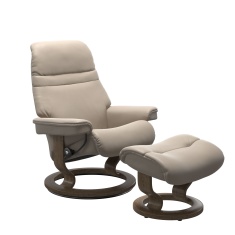 Stressless Sunrise (M) Chair & Stool Set in Paloma Mushroom Leather with Smoked Oak Classic Base