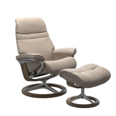 Stressless Sunrise (M) Chair & Stool Set in Paloma Mushroom Leather with Smoked Oak Signature Base