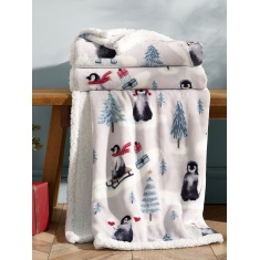 Catherine Lansfield Christmas Sherpa Penguins Throw 130x170cm - Natural
