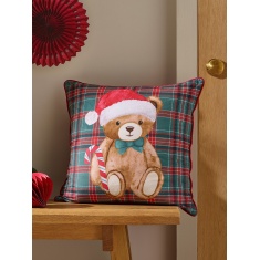 Catherine Lansfield Christmas Tartan Teddy Bear Filled Cushion 45cm - Green
