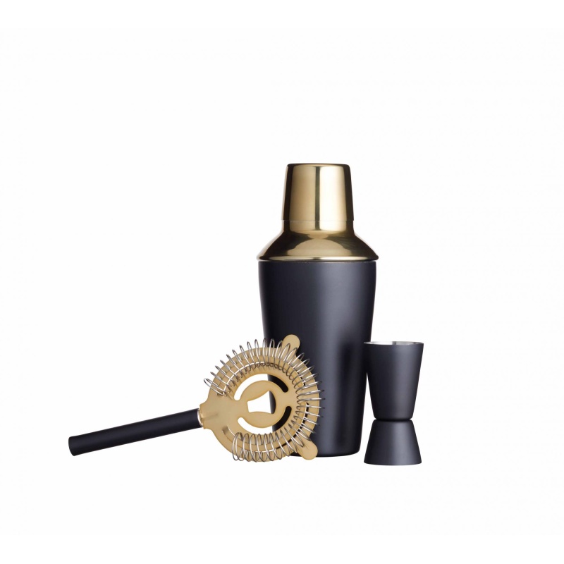 Barcraft Black Three Piece Cocktail Set 500Ml Brass