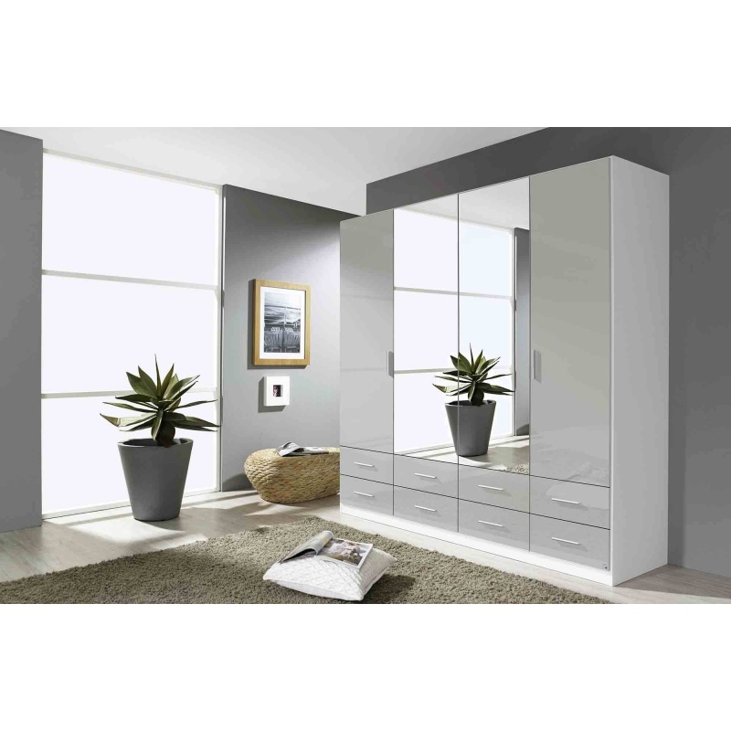 Stuttgart 273C 4 Door 2 Mirror 8 Drawer Hinged Robe Alpine White/Soft Grey