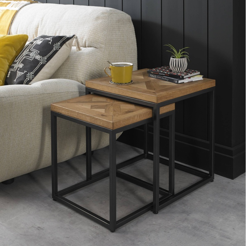 Bentley Designs Black/Grain/Grey Vancouver Rustic Oak Nest Of Tables