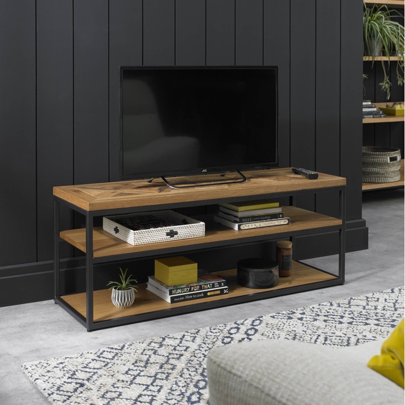 Bentley Designs Black/Grain/Grey Vancouver Rustic Oak Open Entertainment Unit