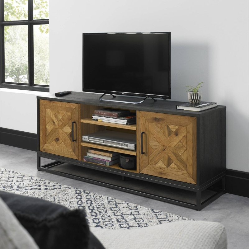 Bentley Designs Black/Grain/Grey Vancouver Rustic Oak And Peppercorn Entertainment Unit
