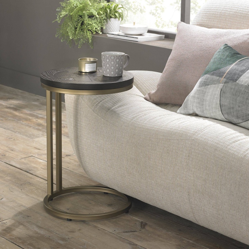 Bentley Designs Gold Calgary Round Sofa Table - Peppercorn Ash