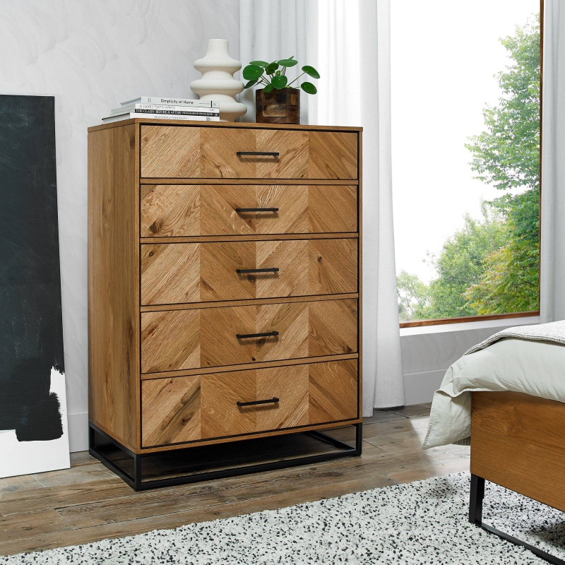 Bentley Designs Vaughan Chevron Oak 5 Drawer Tall Chest