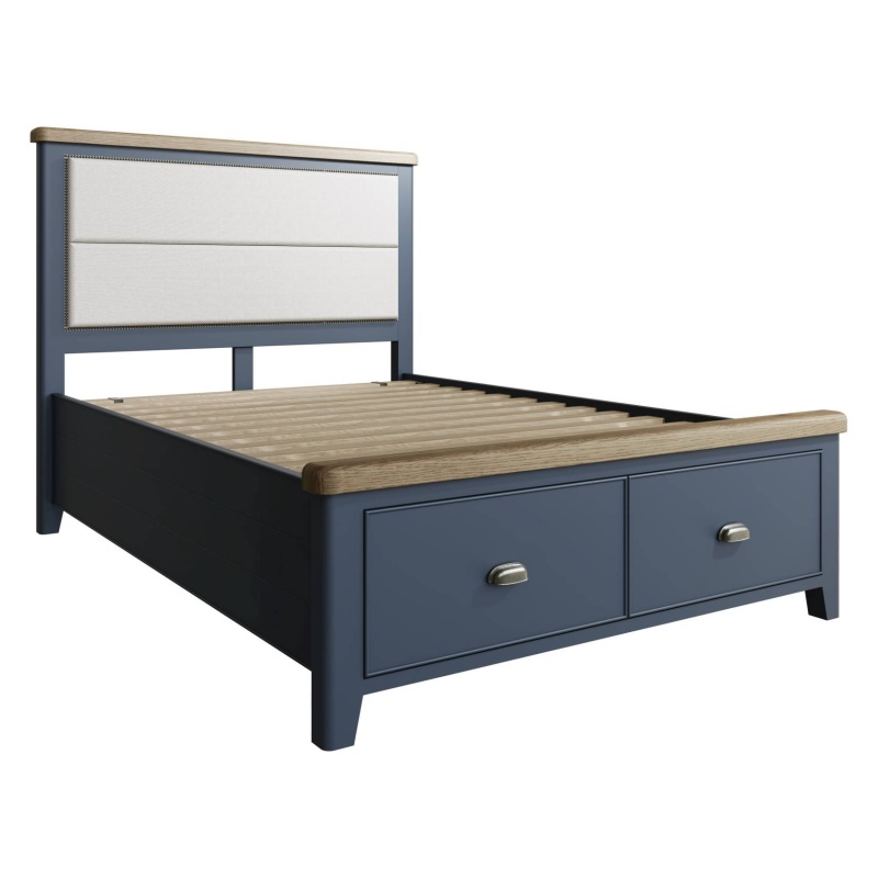 Hexham Painted Blue Bed With Fabric Headboard & Drawer Footboard Set