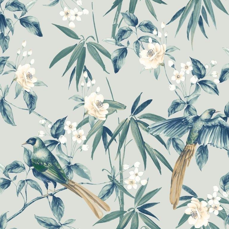 Arthouse Grey/Blue Oriental Floral Birds Wallpaper