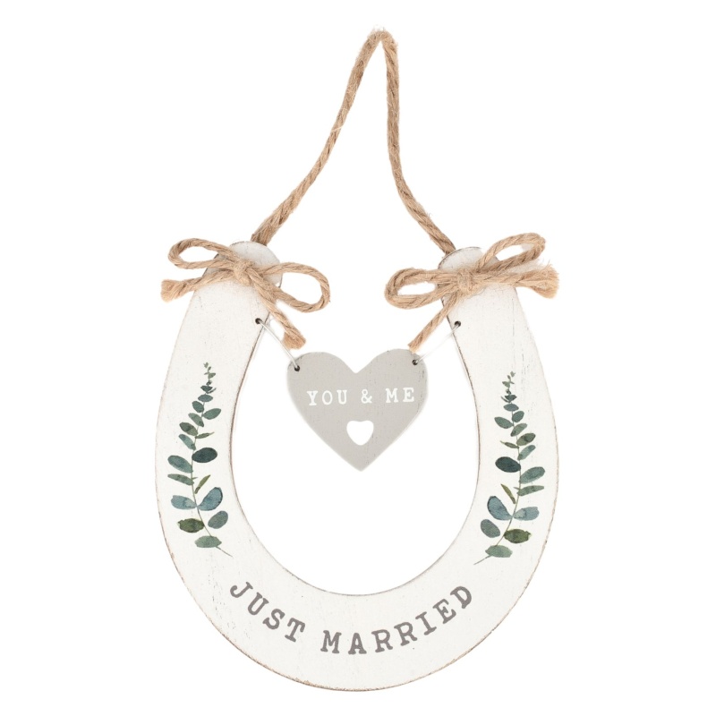 Love Story Wooden Horse Shoe - Just Married