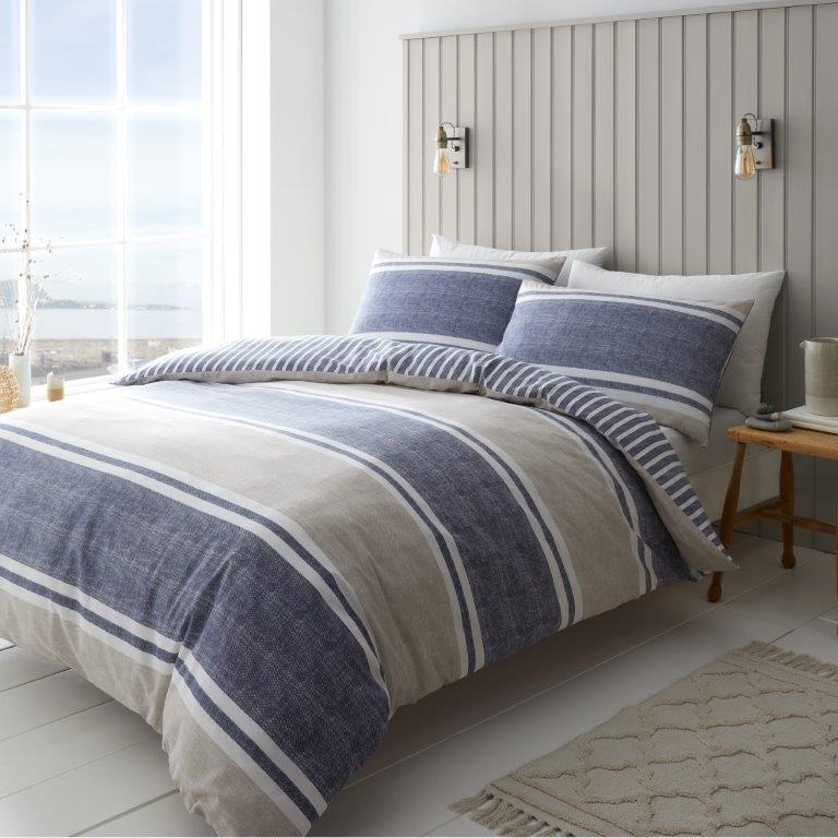 Catherine Lansfield Textured Banded Stripe Blue Duvet Set