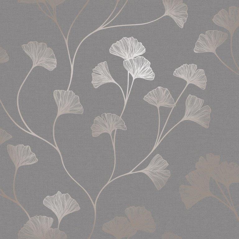 Holden Decor Glistening Ginkgo Rose Gold/Grey Wallpaper