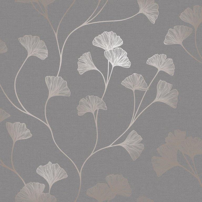 Holden Decor Gold/Grey Glistening Ginkgo Rose Wallpaper