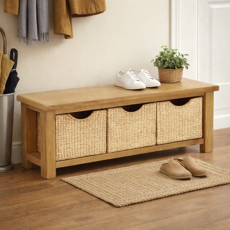 Global Home Ascot Rustic Oak Bench With Baskets