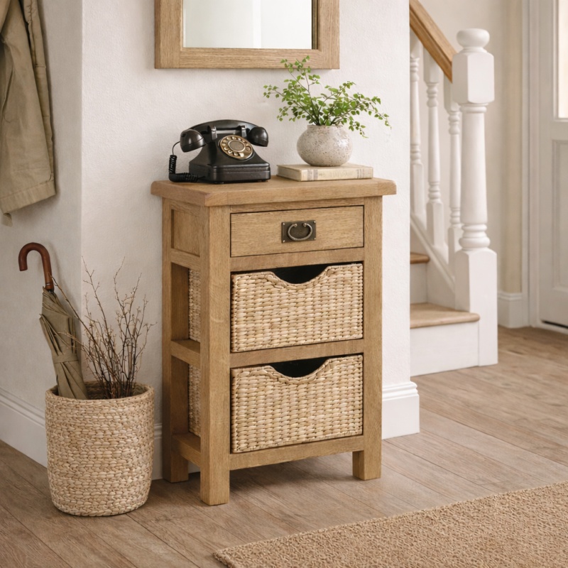 Global Home Ascot Rustic Oak Telephone Table With Baskets