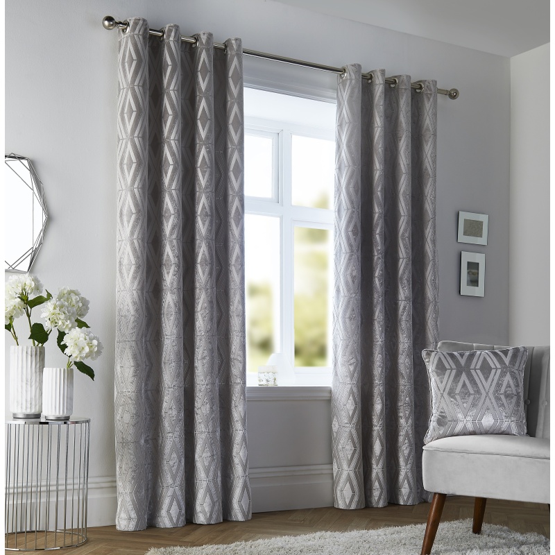 Curtina Marco Geometric Velvet Lined Eyelet Curtains - Silver